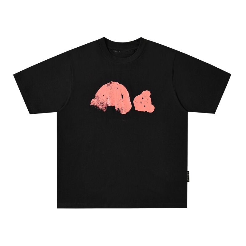 Pa Trendy Brand Palm Angels Pink Ink-Splattered Bear Print T-Shirt for Women, Black Round Neck Loose Short-Sleeve Men's Summer New Style Pa Trendy Brand Palm Angels Pink Ink-Splattered Bear Print T-Shirt for Women, Black Round Neck Loose Short-Sleeve Men's Summer New Style