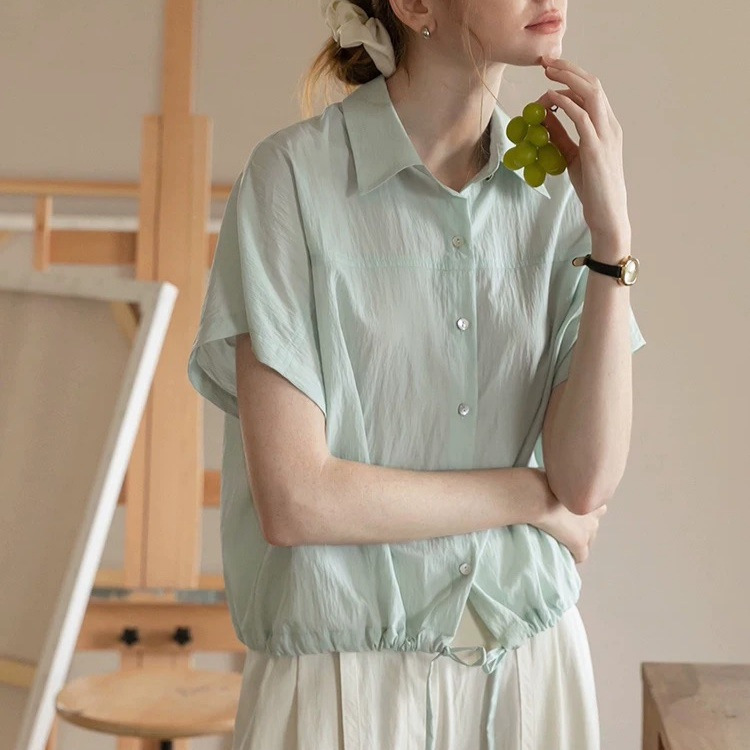 2025 Summer New Commuter Simple All-match Drawstring Design Outdoor Casual Short-sleeved Shirt for Women