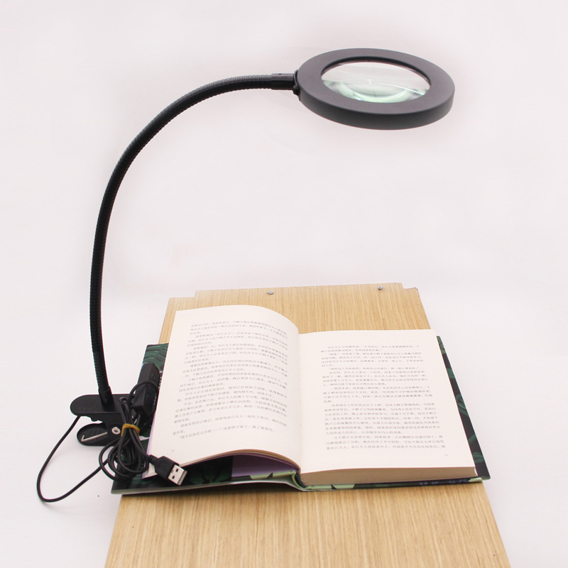 跨境爆款新款USB夹式带LED灯三种灯光亮度可调高倍阅读台灯放大镜