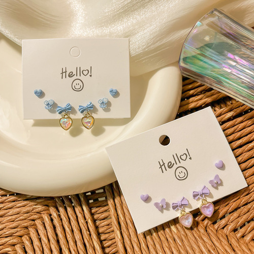 Purple Forest Silver Needle Earring Set New Girl Student Sweet Girly Heart Versatile Earrings Small Love Earrings