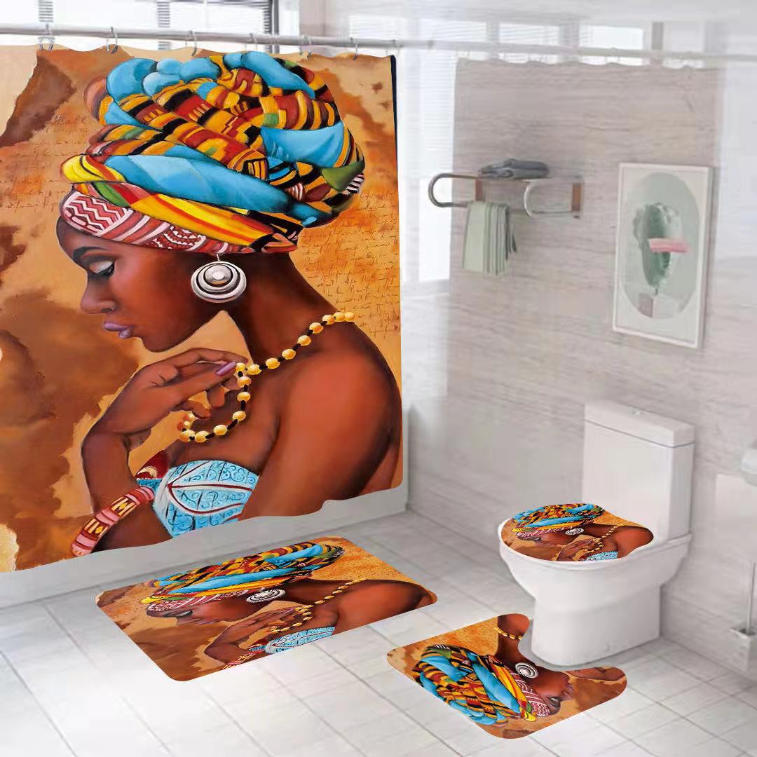 Amazon belleza africana impresión digital cuarto de baño cuatro piezas cortina de baño alfombra de suelo de poliéster impermeable secado rápido empalme antideslizante
