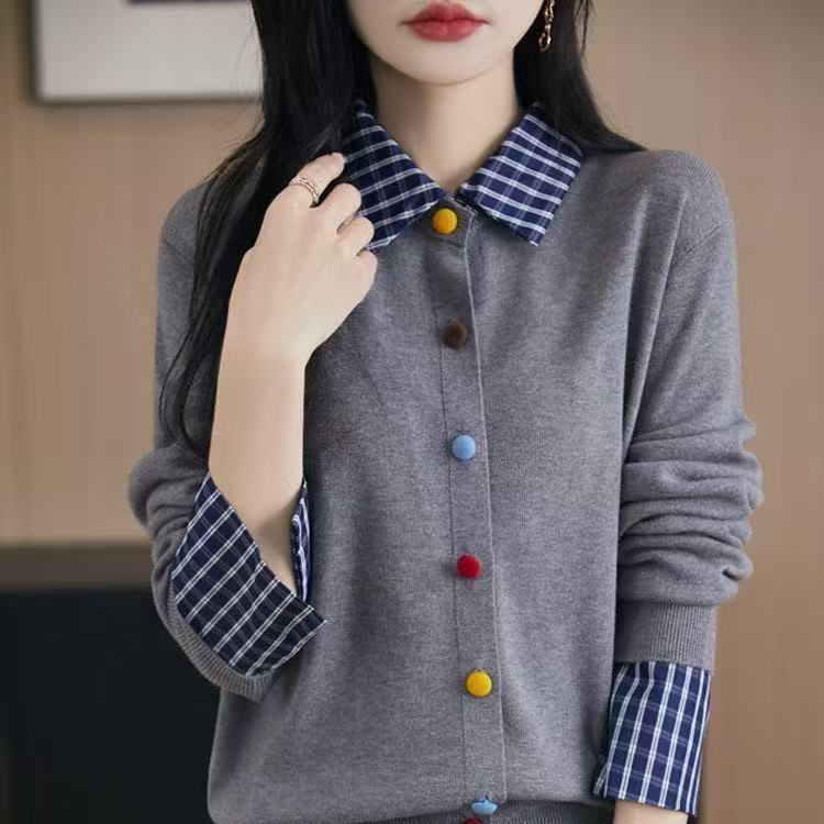Autumn and Winter Knitted Cardigan Fake Two-Piece Plaid Lapel Shirt Early Spring New Colorful Fashion Splicing Jacket Sweater