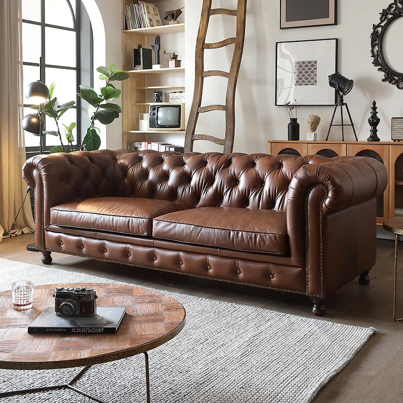 美式真皮沙发客厅沙发头层油蜡皮拉扣沙发Chesterfield Sofa|undefined