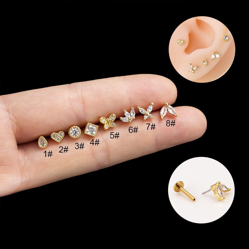 1 Piece Lip Rings Simple Style Round Water Droplets Heart Shape 316 Stainless Steel  Pure Titanium Copper Plating Inlay Zircon display picture 1