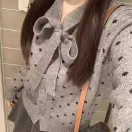 韩系波点蝴蝶结系带毛衣外套女秋冬新款宽松休闲慵懒时尚针织开衫
