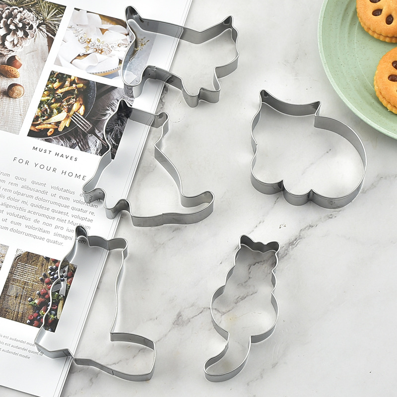 Fábrica al por mayor de acero inoxidable gato cookie mousse anillo molde 5-pieza DIY impresión hornear morir herramienta