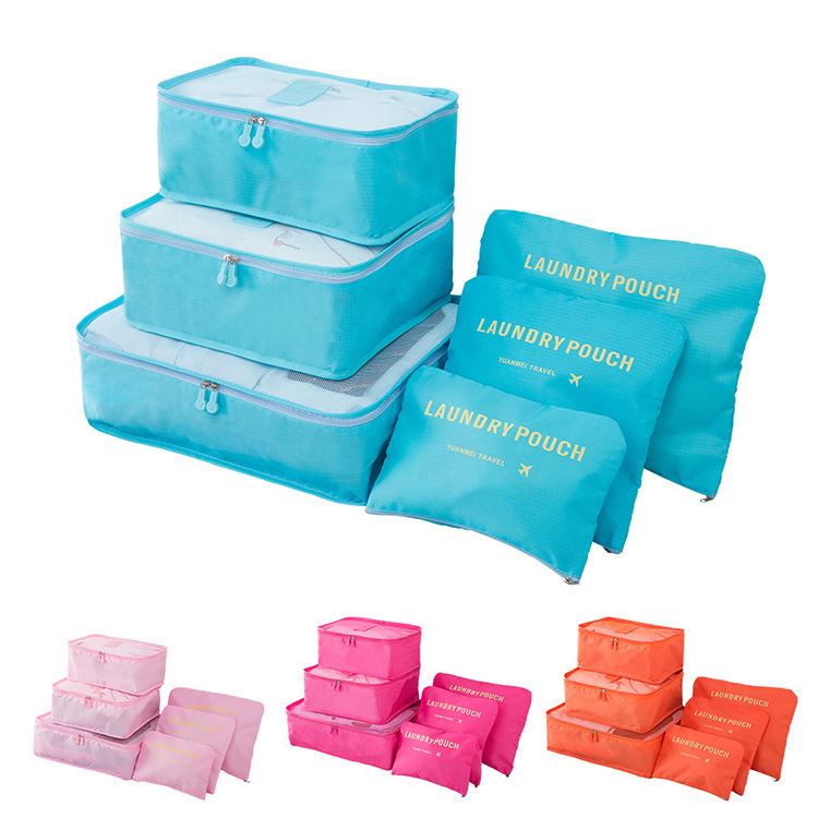 Travel six-piece set: large multi-functional luggage organizer, underwear and bra organizer bag, shoe storage bag, packing bag