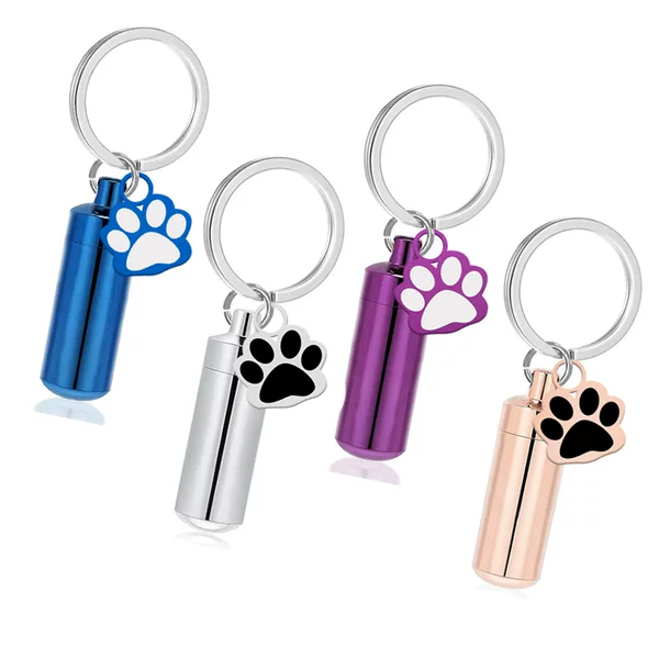 New Alloy Cylindrical Dog Paw Pattern Commemorative Pet Dog Hair Ashes Pendant Keychain for Ashes Jar