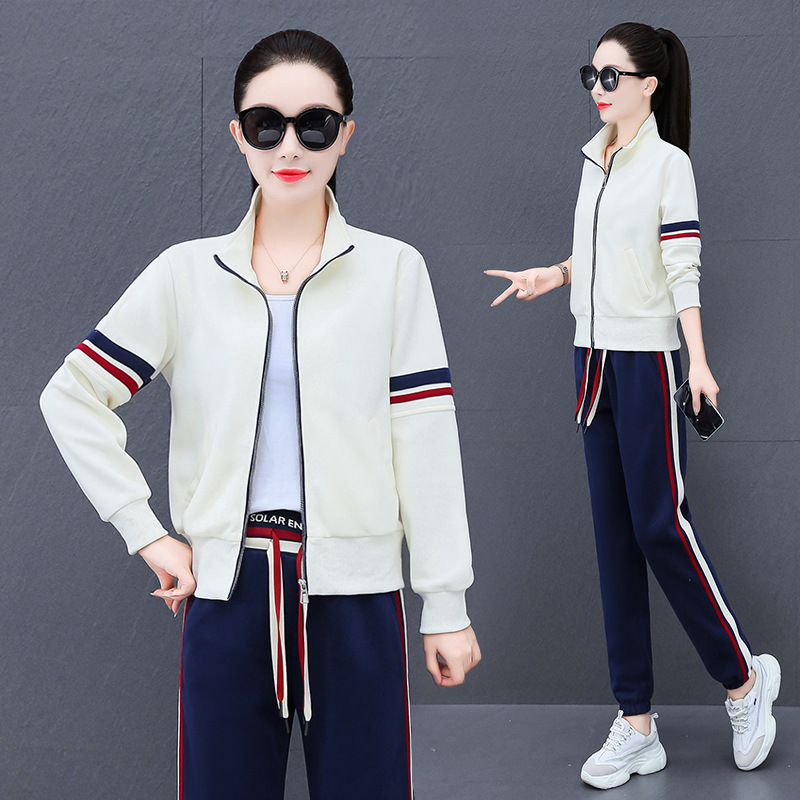High Cotton stand collar cardigan fashion casual sports suit women's spring and autumn new sweater sweatpants color matching Western style two-piece suit