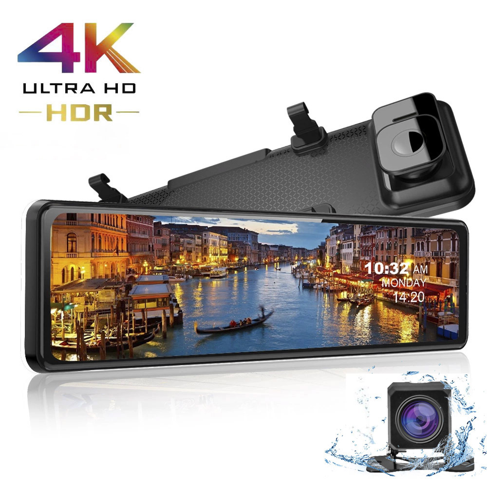 Cross-border 12-inch 4K +1080P front and rear double recording rearview mirror driving recorder with WiFi dash cam