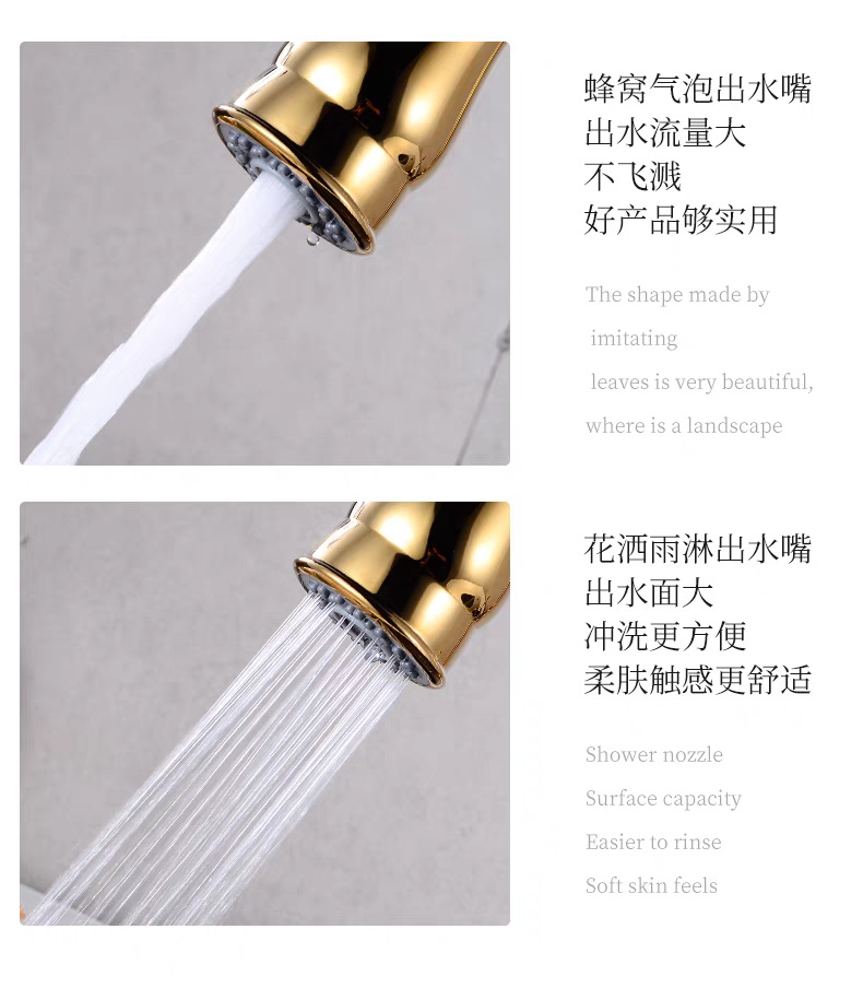 The kitchen pull-out faucet is cold and hot splash-proof and retractable. It features a golden washbasin and sink faucet, which is made of retro and light luxury brass undefined