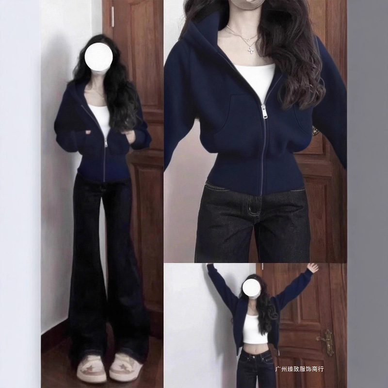 Navy Blue Slim-Fitting Short Sweatshirt Jacket for Women in Autum New Waist Slimming Look Top Korean Versatile Sports Cardigan