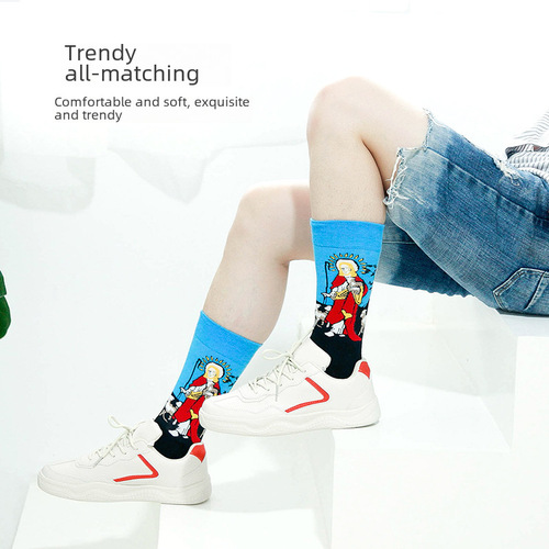 European and American Trend Personality Embroidered Socks for Men, Autumn and Winter Mid-Calf Cotton Socks, Couple Oil Painting Series, Sports Long Socks