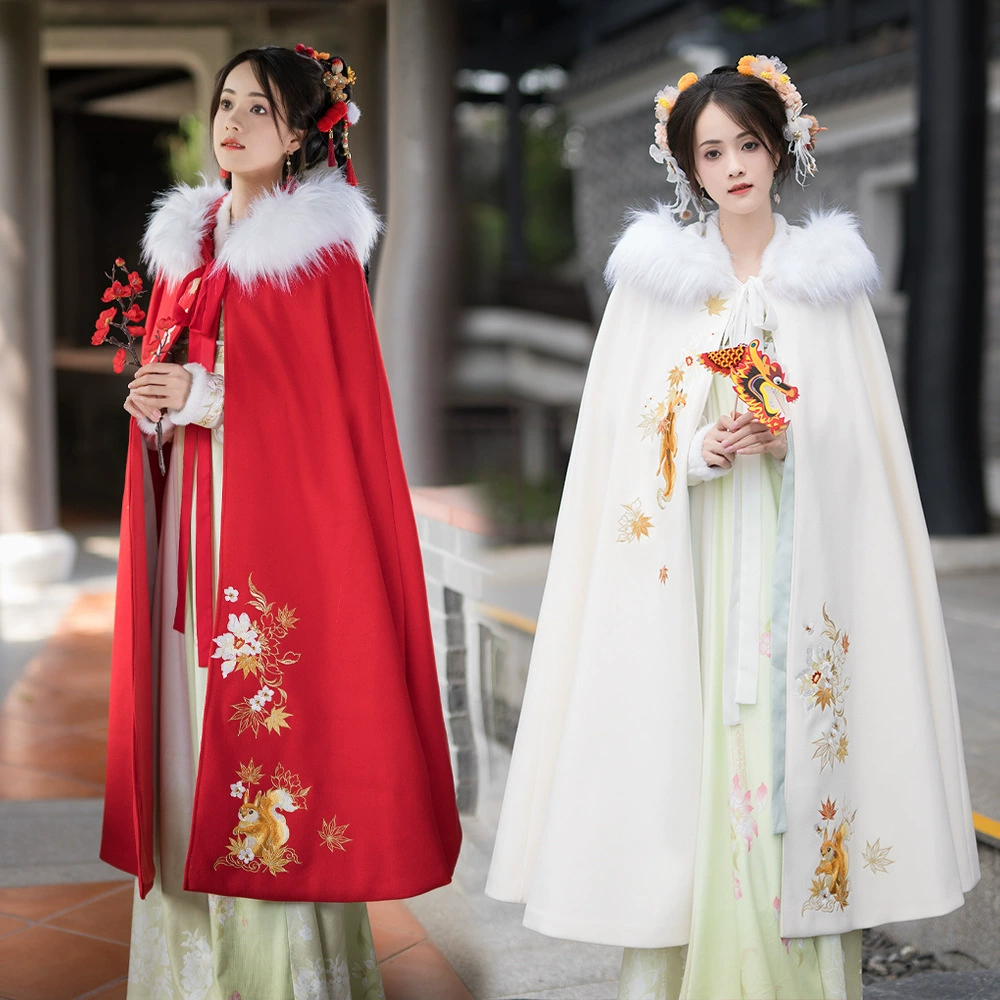 Оригинальный осенний вечер в китайском стиле вышитый плащ плюс бархат и утолщенные съемные меховые воротники