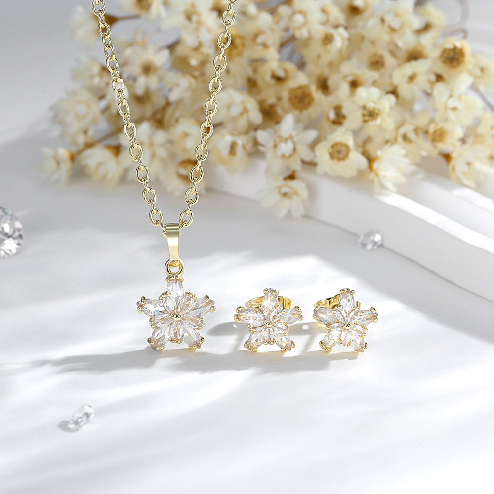 Colgante de flores O-chain conjunto de joyería cobre chapado en oro 14K zircon petal pendientes collar joyería de venta caliente transfronteriza mujer image 3