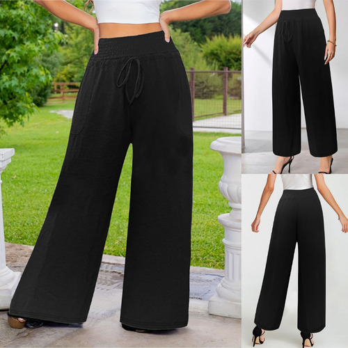 European and American women's clothing new casual fashion solid color drawstring wide leg pocket pants loose women's pants