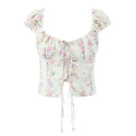 2025外贸跨境欧美女装新款系带印花后背松紧打揽上衣 8050