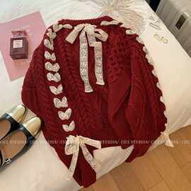 车厘子红色麻花绑带毛衣女年春秋冬新款圣诞甜美蝴蝶结针织