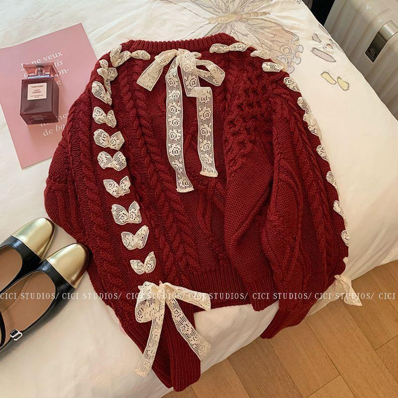 Cherry Red Twist Strap Sweater for Women Spring, Autumn and Winter New Style Christmas Sweet Bow Knitted