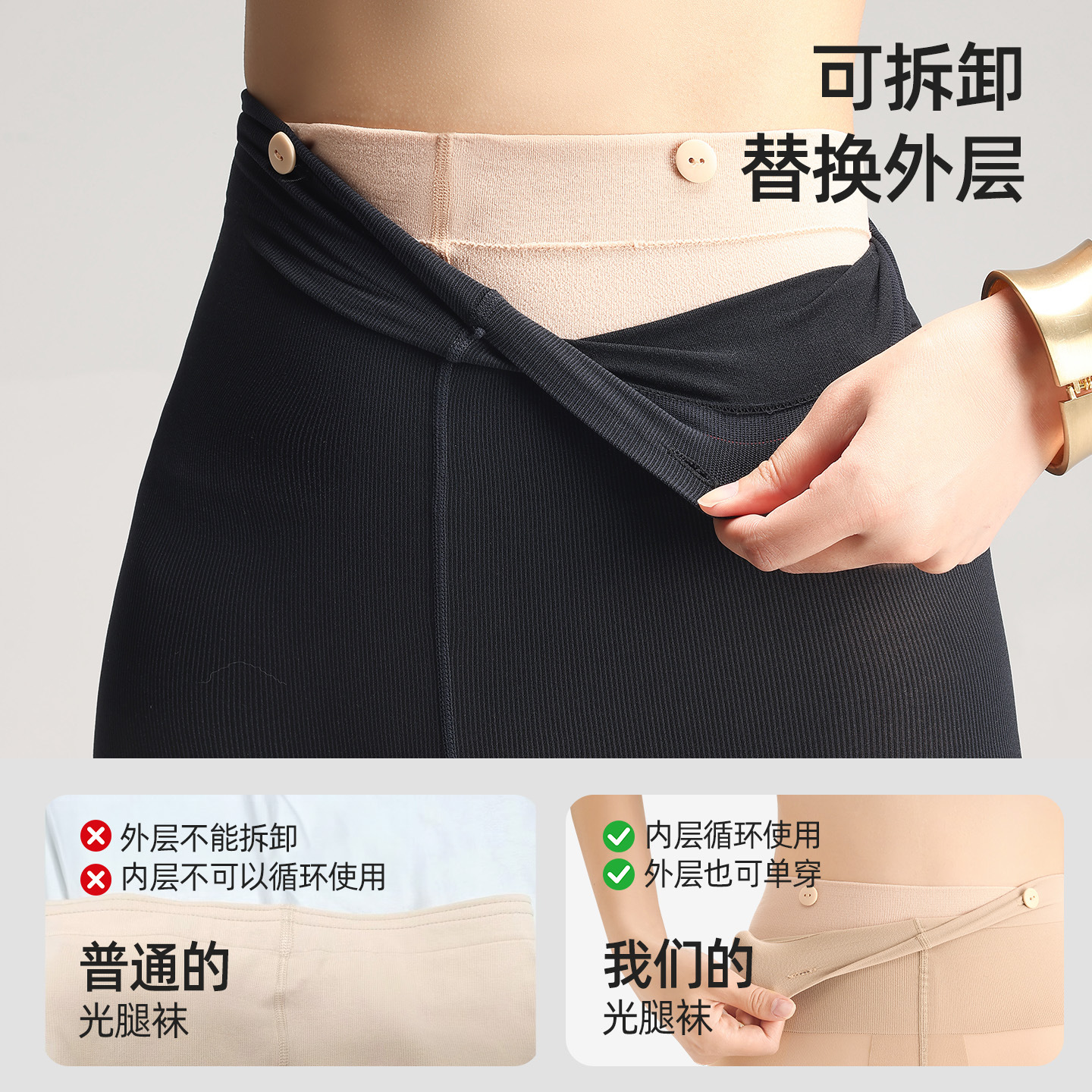 Artefactos desnudos de piernas desnudos de otoño y invierno de doble capa desmontable con leggings de piel de lana negra medias negras