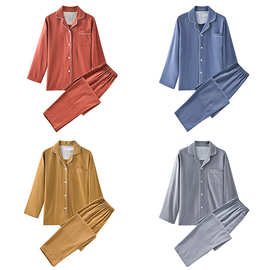 日式无印法兰绒家居服翻领长袖良品纯色棉情侣厚款男女款睡衣
