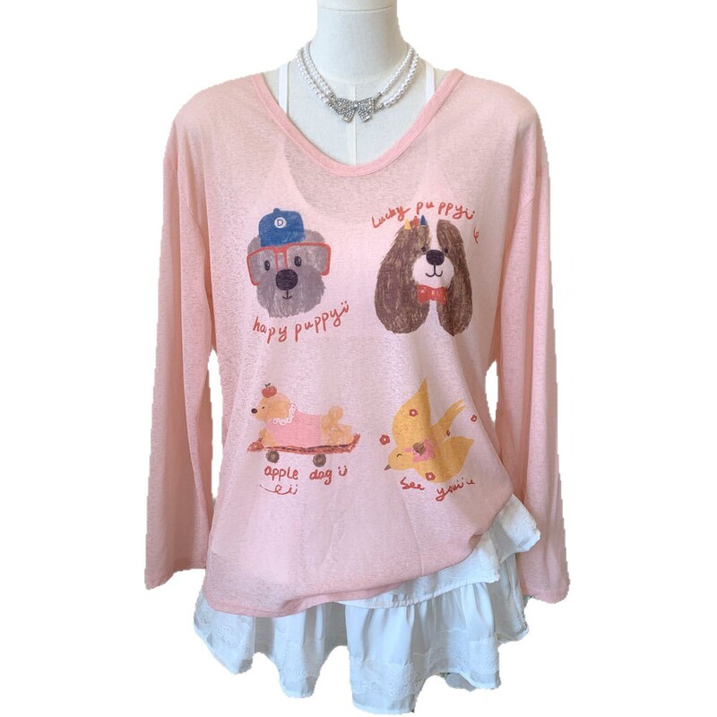 新しい女性用日焼け止め服、夏の年齢軽減漫画プリント長袖Tシャツ、女性用のゆったりとした甘いスタイルのVネック日焼け止めブラウストップ|undefined