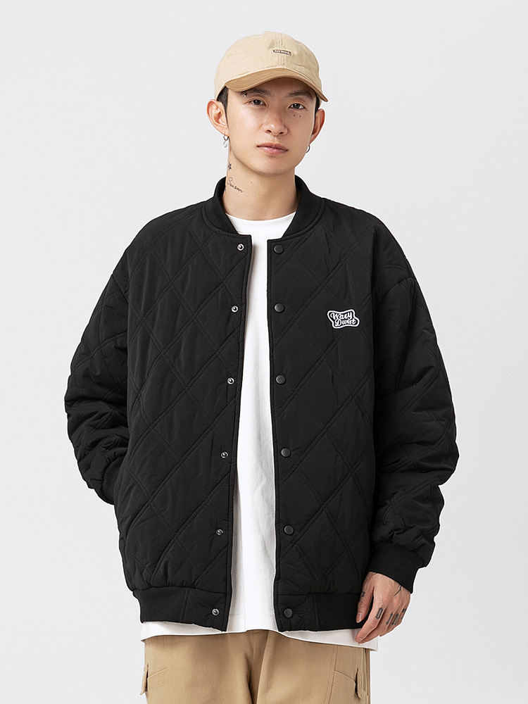Rhombic algodón acolchado cuello de béisbol abrigo de algodón invierno de los hombres nueva pareja bordado suelta marca de moda engrosada ropa de trabajo abrigo de algodón