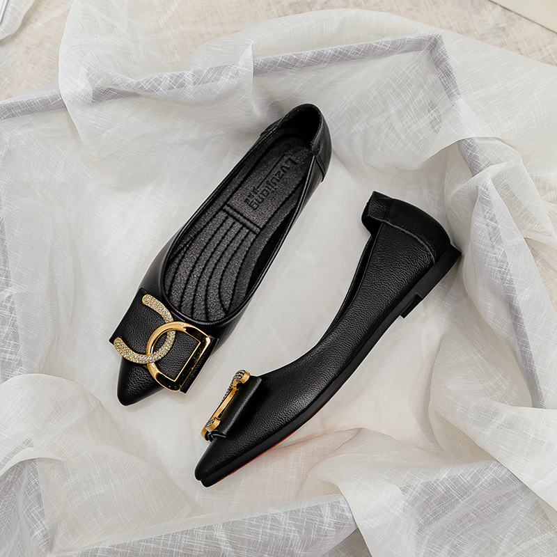 Frühling und Sommer spitze Zehen flache einzelne Schuhe Damen Strass lässig weiche Unterseite Arbeit Erbsen Loafers trendige große Größe Spot_voghion.com