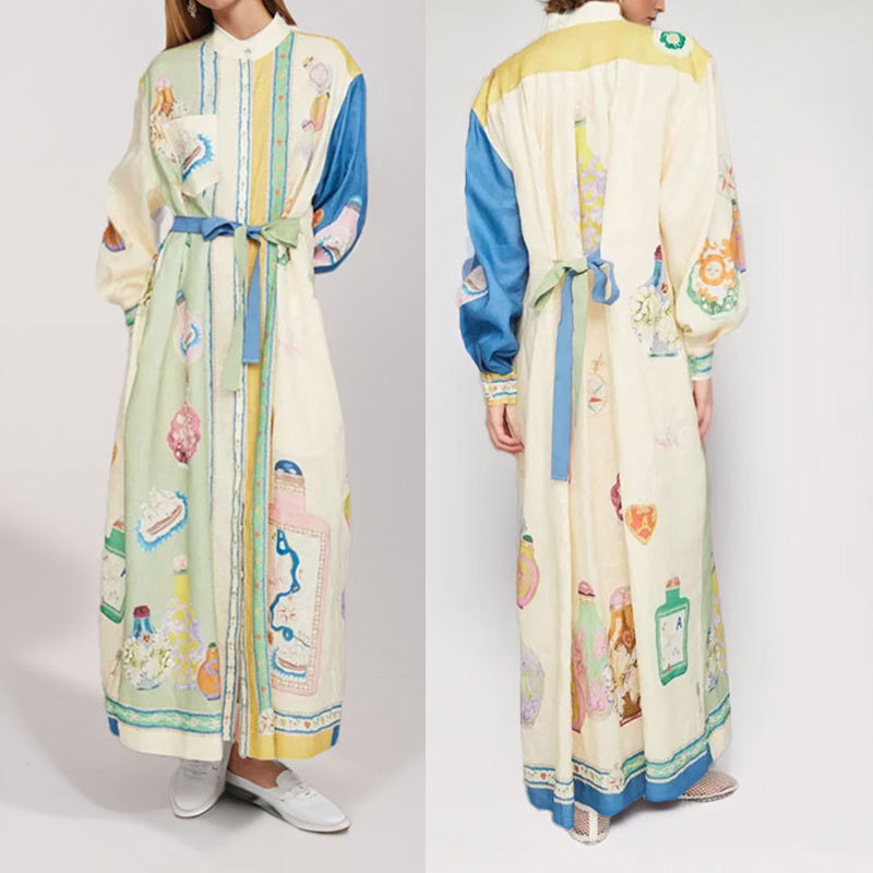 2025 AliExpress Ropa de mujer transfronteriza europea y americana nueva impresión de manga larga cintura temperamento elegante vestido de primavera con cuello en V