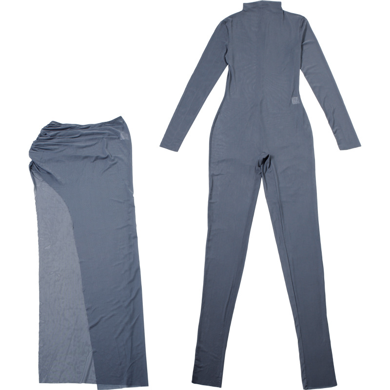 Fall Women Clothing Personality Round Neck Long Sleeve Slim Fit Slimming Jumpsuit Pleated Mid Length Skirt Set Women