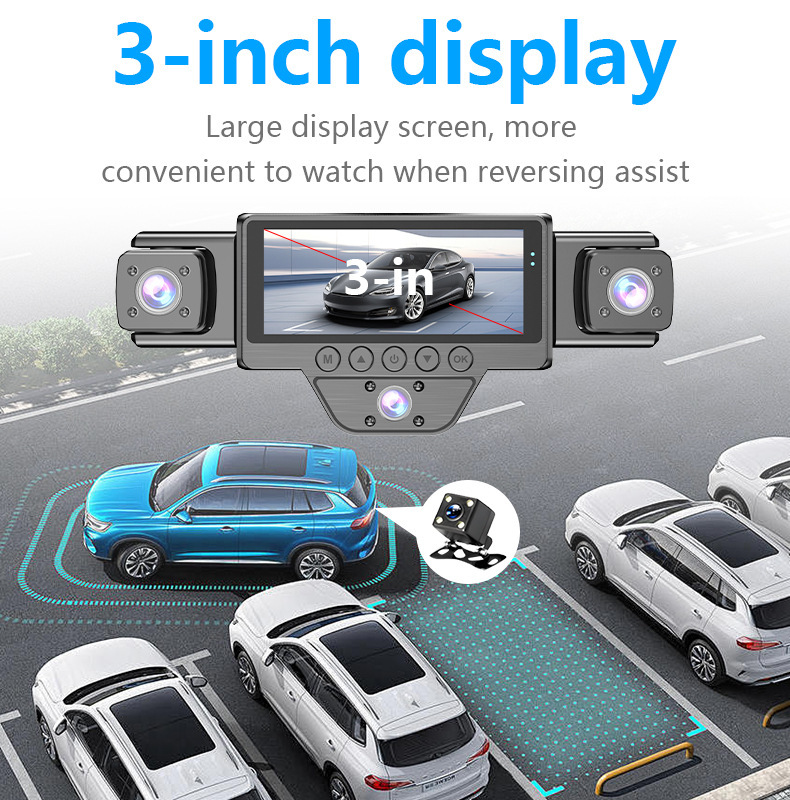 5-lens dashcam with infrared night vision, HDR ultra-clear video recording, WiFi mobile phone connectivity, and collision detection