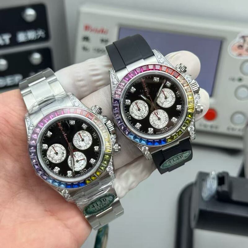 N Factory 7750 ceramic bezel, Rolex Daytona, rainbow dial, fully automatic mechanical watch, waterproof, frost gold finish, fully diamond-studded, C Factory N Factory 7750 ceramic bezel, Rolex Daytona, rainbow dial, fully automatic mechanical watch, waterproof, frost gold finish, fully diamond-studded, C Factory