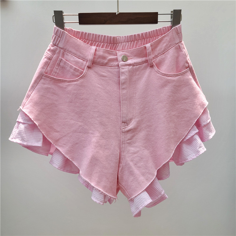 Pantalón Corto de Denim Doble Capa Denim de Poliéster, Talle Alto para Mujer