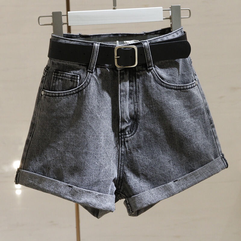 Black and Gray Denim Shorts for Women, New Summer Korean Style, High-Waisted, Slimming, Rolled Hem, Versatile A-Line Wide-Leg Pants Black and Gray Denim Shorts for Women, New Summer Korean Style, High-Waisted, Slimming, Rolled Hem, Versatile A-Line Wide-Leg Pants