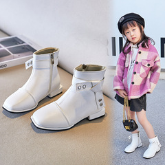 Girls' short boots 2023 autumn and winter plus velvet boots white princess leather boots little girls shoes high heel children's Martin boots
