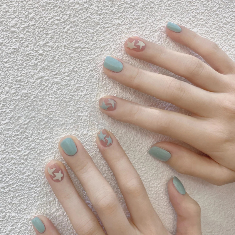 Summer New Mint Blue Star Nail Art Finished Student Simple Wear Manicure Fake Nail Removable Nail