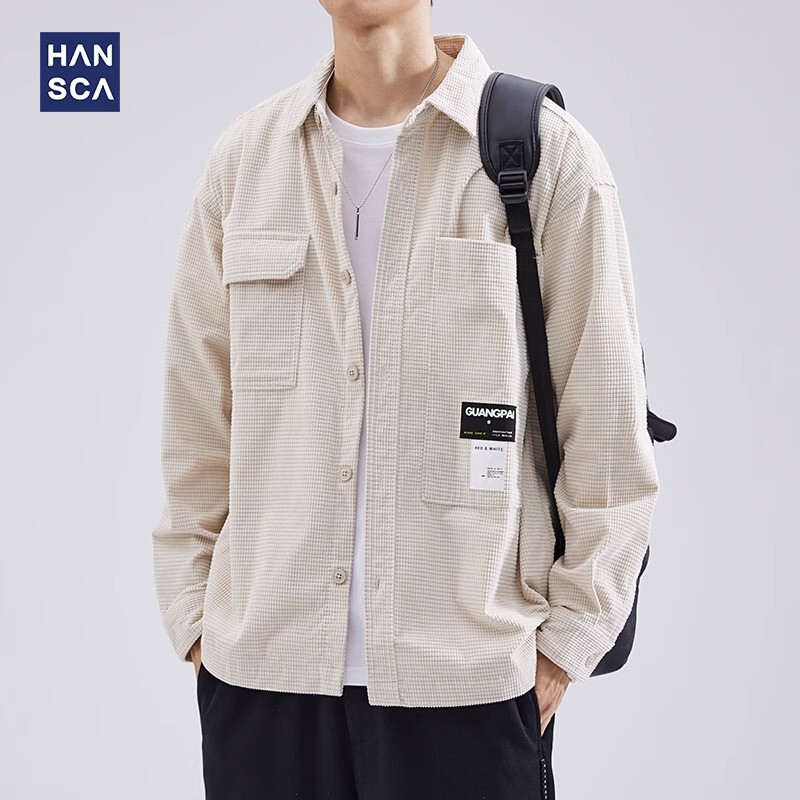 Waffle Long-sleeved Shirt Men's Loose plus size Autumn and Winter New Style Tooling Solid Color Thickened Lapel Shirt Coat Trendy