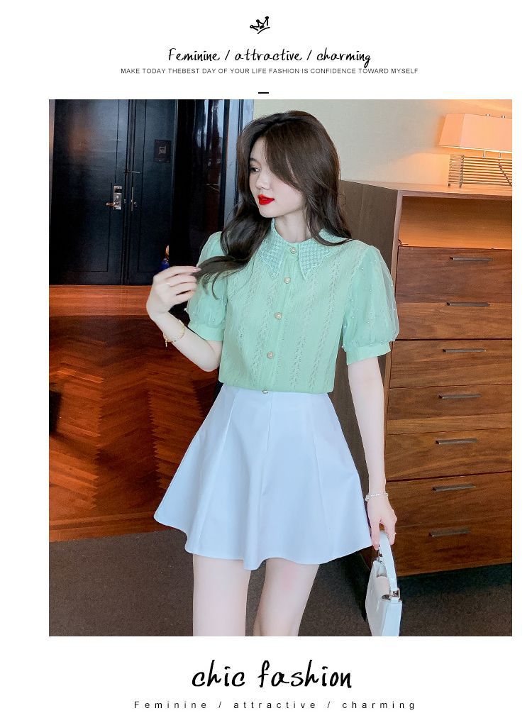 Camicetta da donna in pizzo con maniche a palloncino in rete con perline, cardigan estivo a maniche corte, top trasparente casual, abbigliamento da strada alla moda_voghion.com