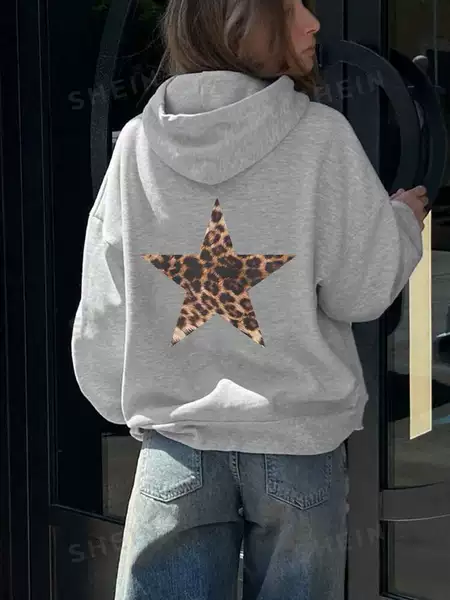 European Size Ezwear Leopard Print & Star Design Hoodie European and American Stylish Street