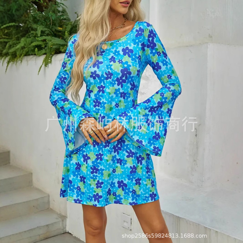 European and American New Products Halloween 70S and 80S Hippie Trumpet Sleeve Flower Dress Long Sleeve Printed Mid-Length Skirt