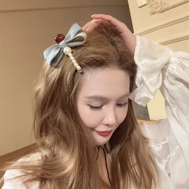 高级质感牛仔蝴蝶结蜻蜓发夹简约百搭高级珍珠少女刘海边夹发饰|undefined
