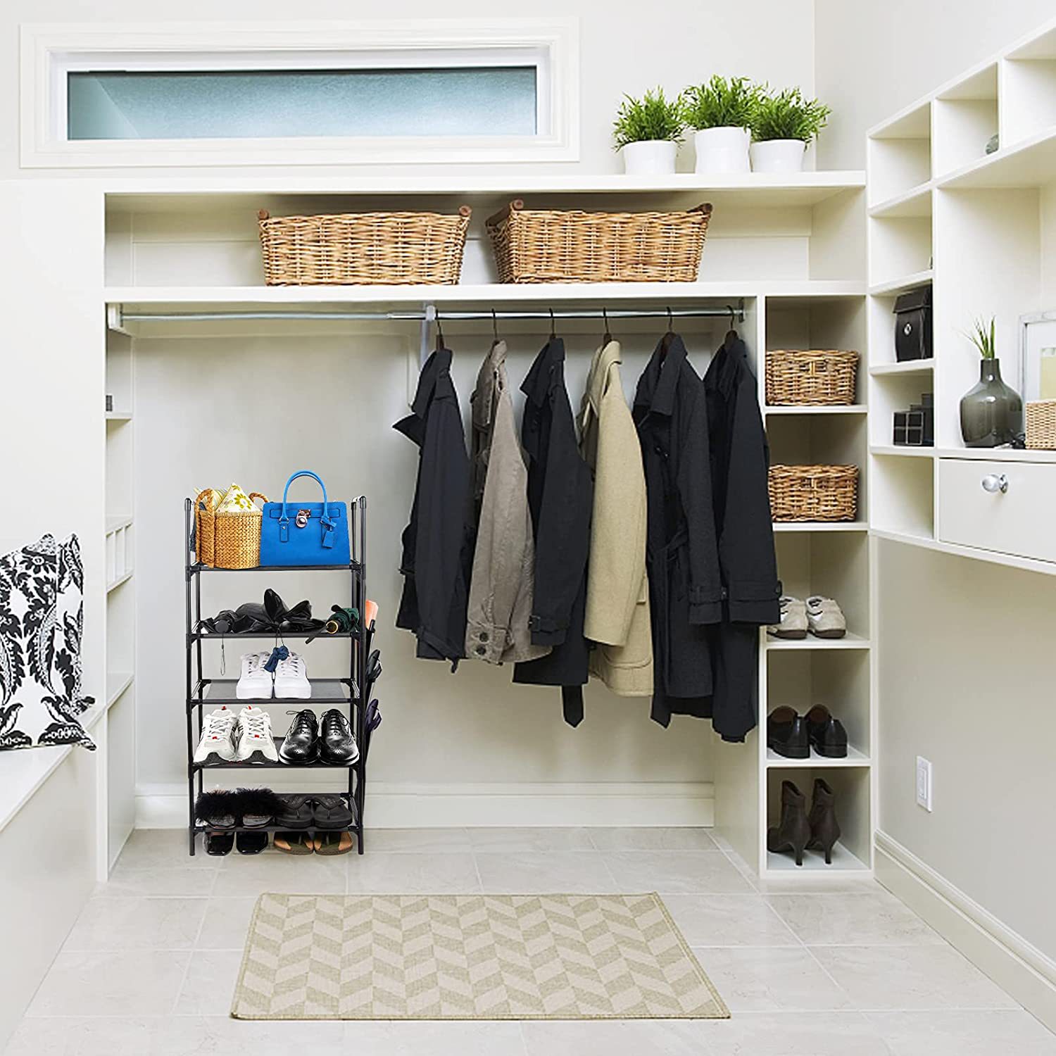 跨境专供简易安装无纺布侧挂袋五层鞋架置物自由组装厂家直销