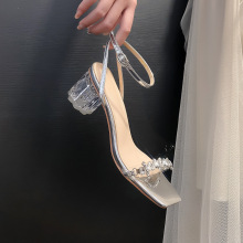 银色水钻凉鞋女粗跟夏季配裙子时尚一字带透明水晶高跟鞋