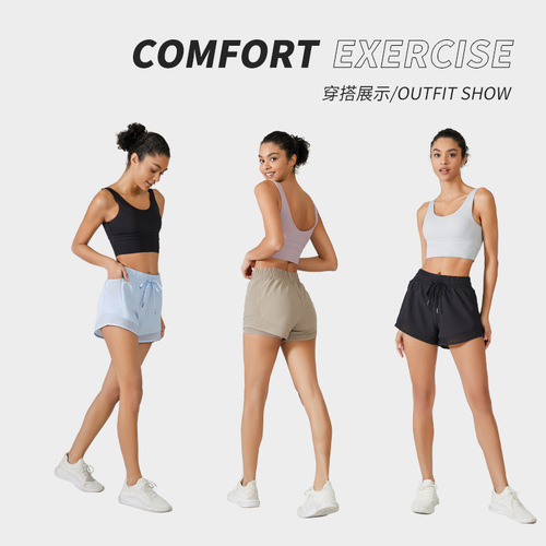 European and American high-waisted drawstring sports pocket shorts for women, anti-light mesh stitching fitness pants, running yoga shorts
