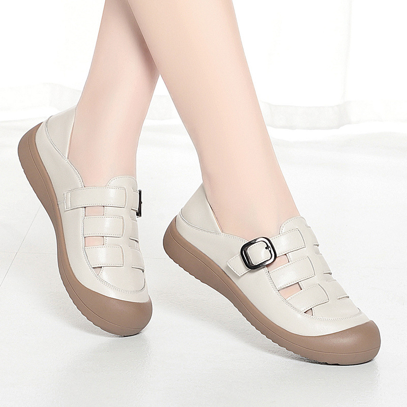 Sandal nữ mũi nhọn da bò thật đế dày thoáng khí — đen