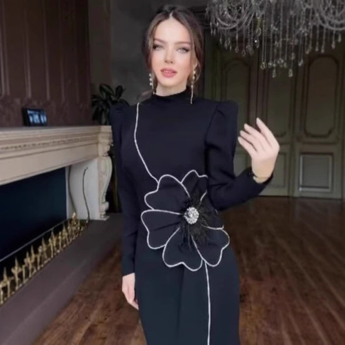 Hot-selling heavy-duty rhinestone three-dimensional flower sequin bandage dress for women, split design, slim-fit evening gown