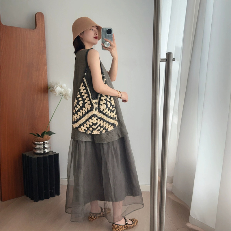 Plant Ash Tie-Dye Mulberry Silk Lyocell Linen Patchwork Loose Slimming Long Dress Women's Summer 023 Plant Ash Tie-Dye Mulberry Silk Lyocell Linen Patchwork Loose Slimming Long Dress Women's Summer 023