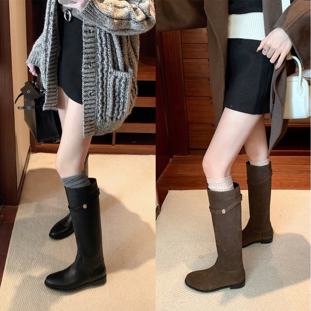 牛皮版~同款韩国真皮小金扣靴子中高筒靴显瘦长靴女骑士靴