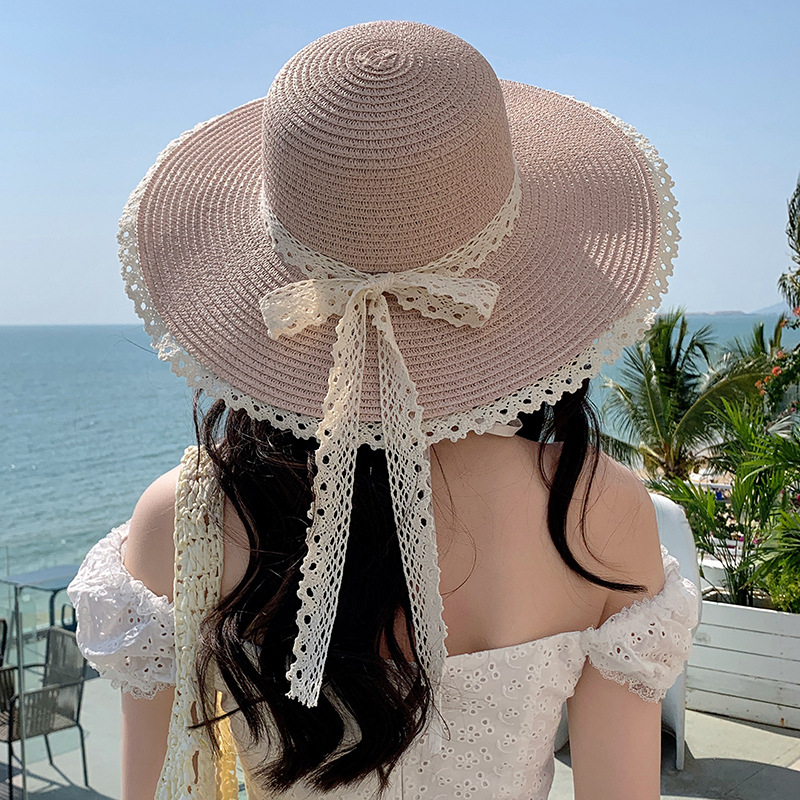 Sombrero de paja con lazo – estilo veraniego, ala ancha, para playa o vacaciones al aire libre