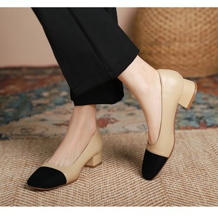 Genuine leather high heel shoes retro low-cut mid heel single-layer shoes sheepskin square toe chunky heel single-layer shoes glossy Chanel style chunky heel shoes